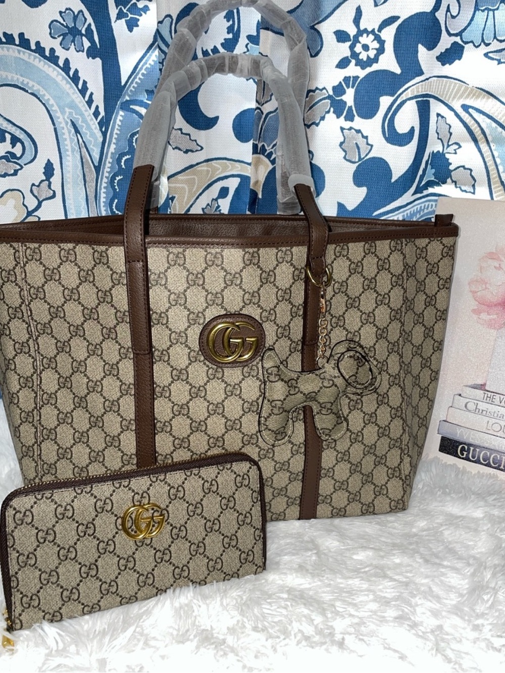 Beige GG Supreme Canvas Tote with Brown Leather Trim and Gold Hardware